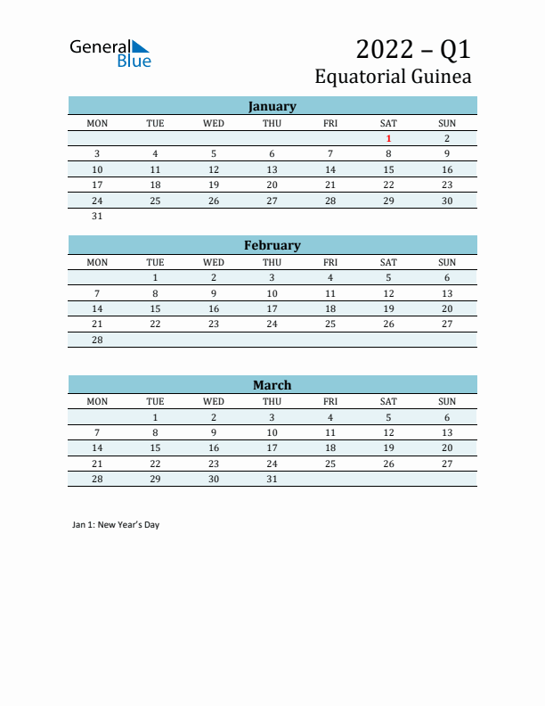 Three-Month Planner for Q1 2022 with Holidays - Equatorial Guinea