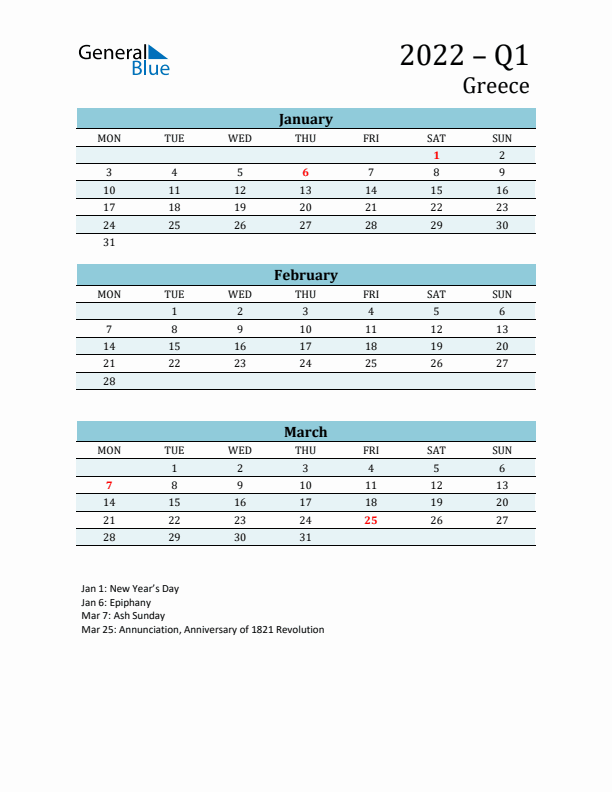 Three-Month Planner for Q1 2022 with Holidays - Greece