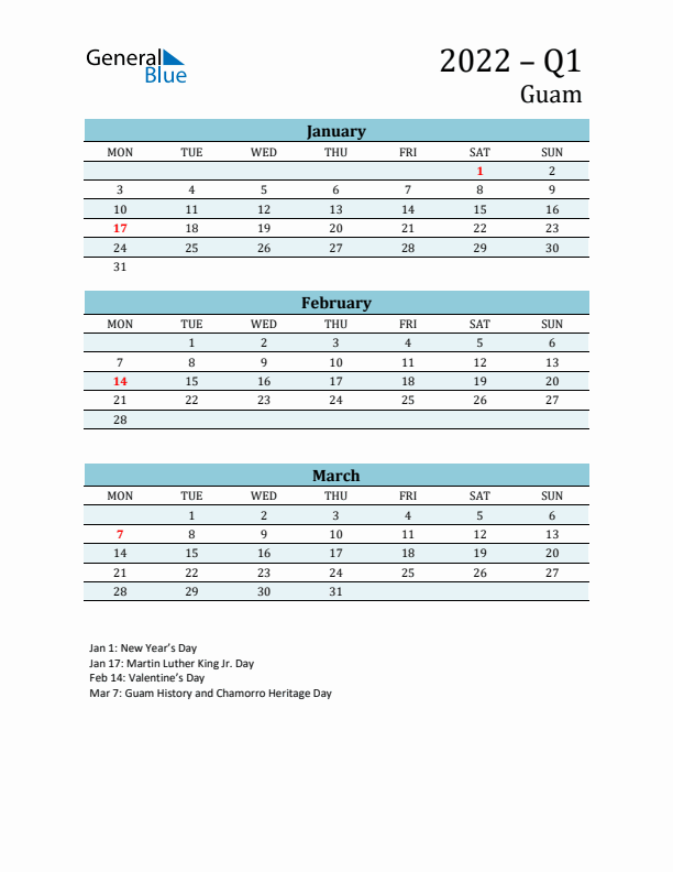 Three-Month Planner for Q1 2022 with Holidays - Guam