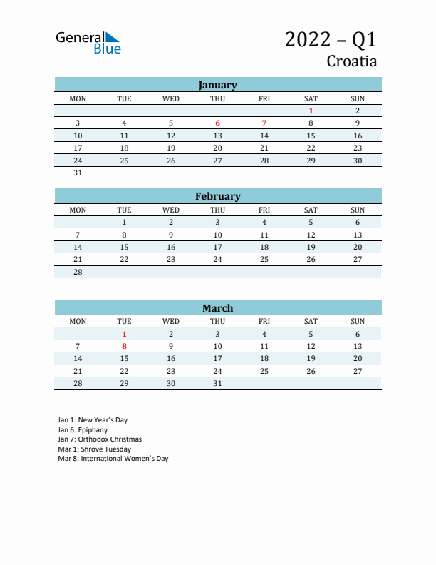 Three-Month Planner for Q1 2022 with Holidays - Croatia