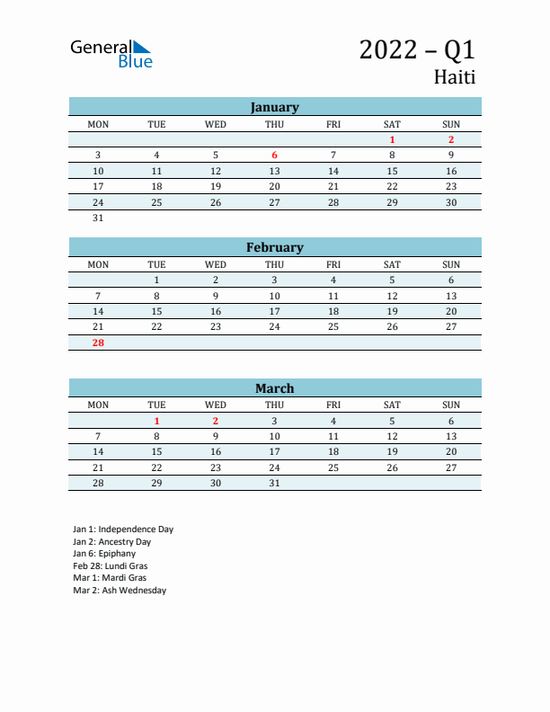 Three-Month Planner for Q1 2022 with Holidays - Haiti