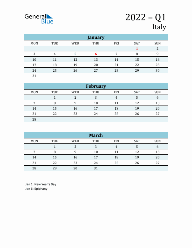 Three-Month Planner for Q1 2022 with Holidays - Italy