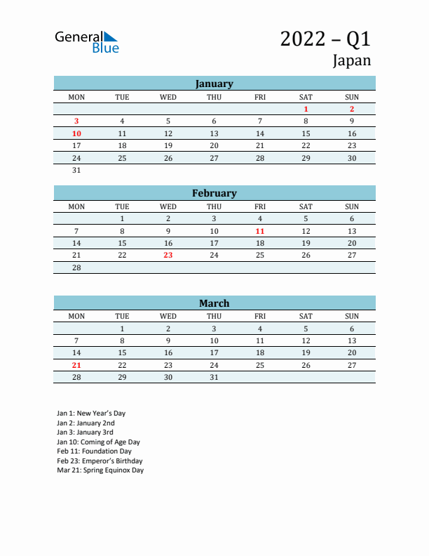 Three-Month Planner for Q1 2022 with Holidays - Japan