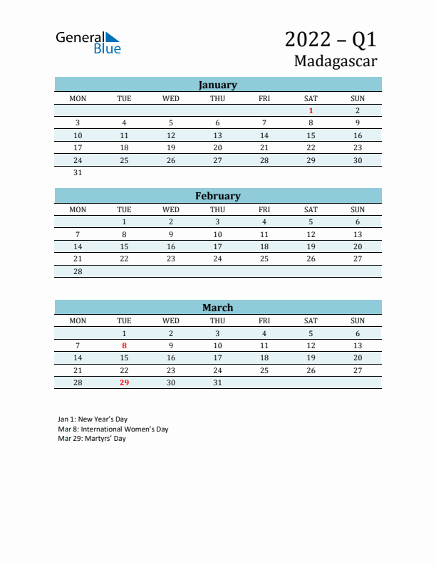 Three-Month Planner for Q1 2022 with Holidays - Madagascar