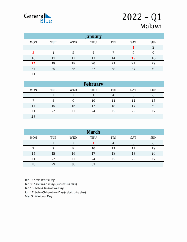 Three-Month Planner for Q1 2022 with Holidays - Malawi