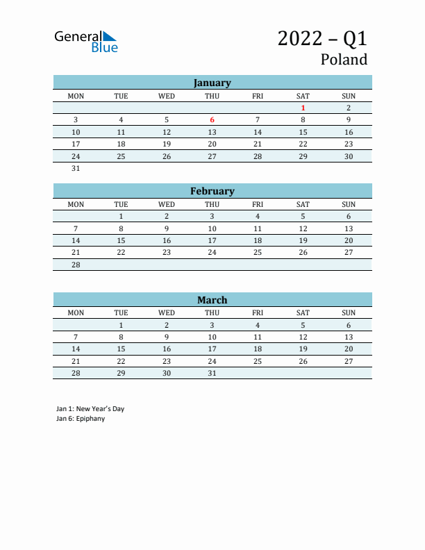 Three-Month Planner for Q1 2022 with Holidays - Poland