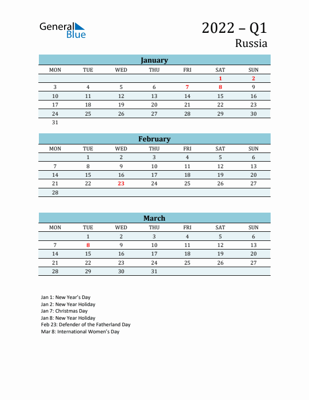 Three-Month Planner for Q1 2022 with Holidays - Russia