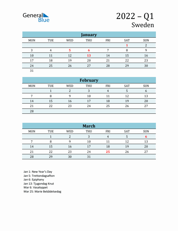 Three-Month Planner for Q1 2022 with Holidays - Sweden