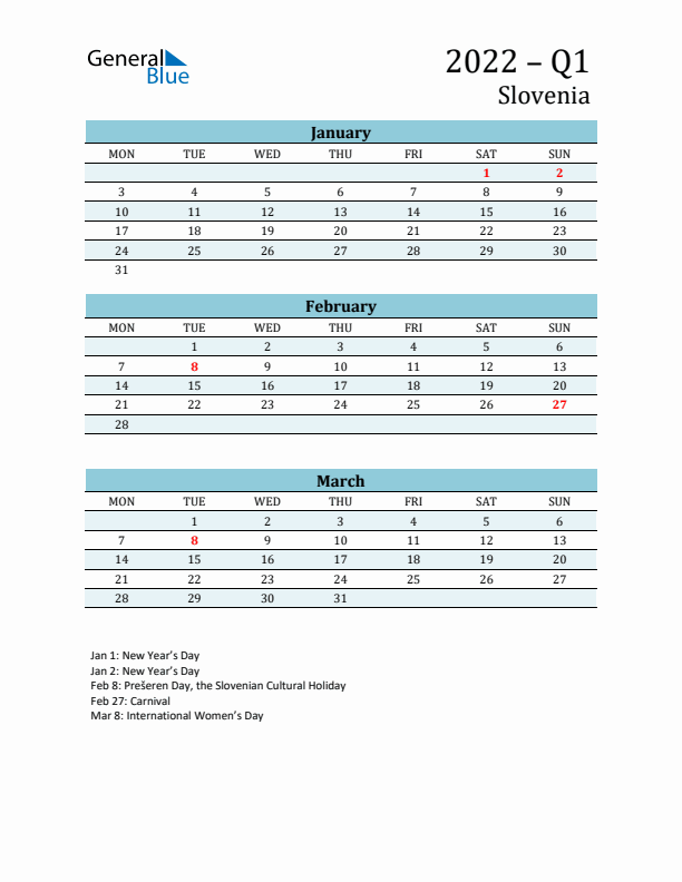 Three-Month Planner for Q1 2022 with Holidays - Slovenia