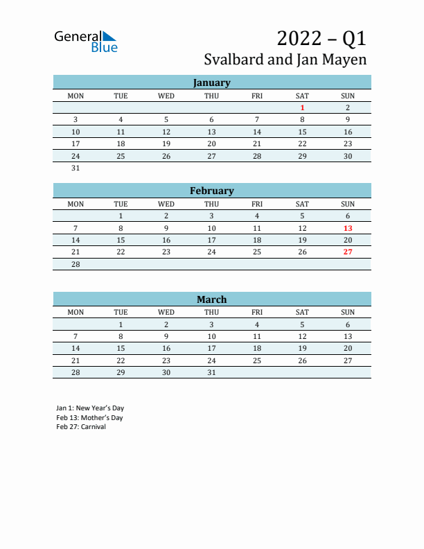 Three-Month Planner for Q1 2022 with Holidays - Svalbard and Jan Mayen