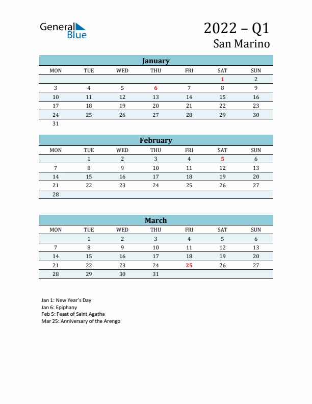 Three-Month Planner for Q1 2022 with Holidays - San Marino