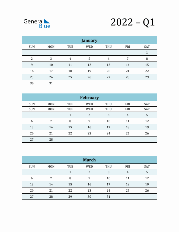 January, February, and March 2022 Calendar