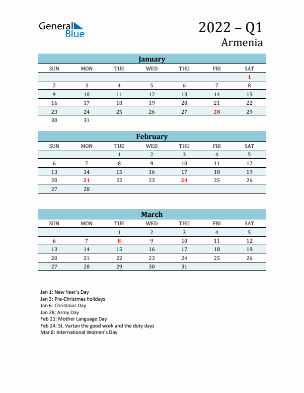 Three-Month Planner for Q1 2022 with Holidays - Armenia