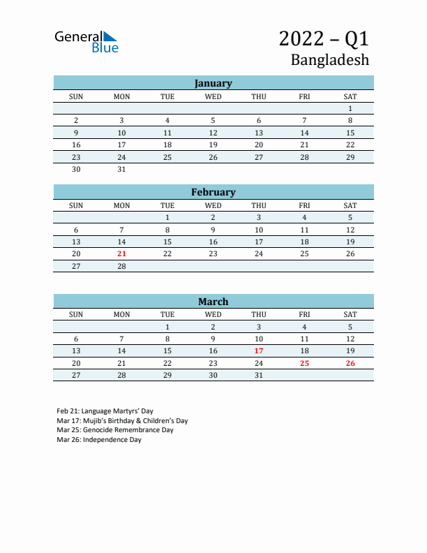 Three-Month Planner for Q1 2022 with Holidays - Bangladesh