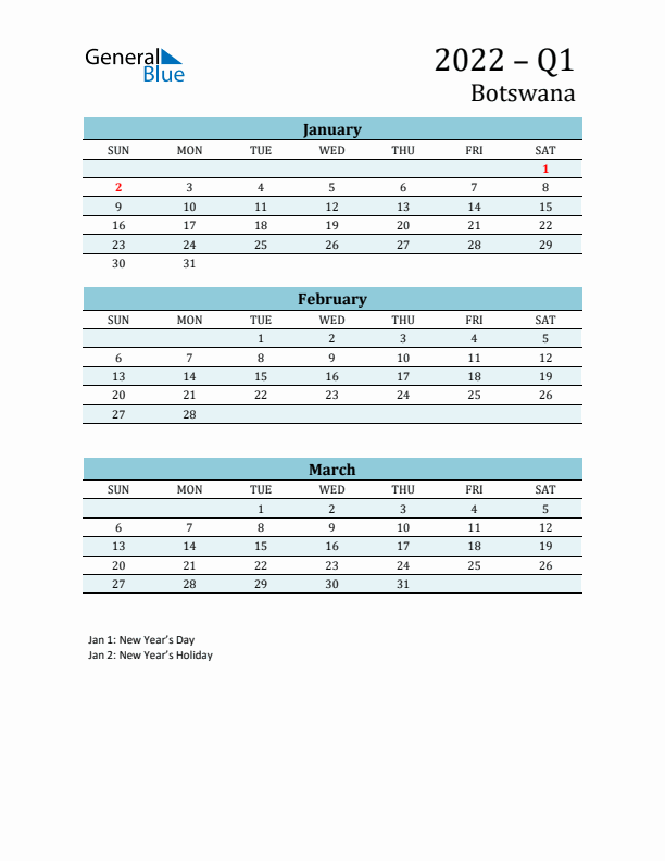 Three-Month Planner for Q1 2022 with Holidays - Botswana