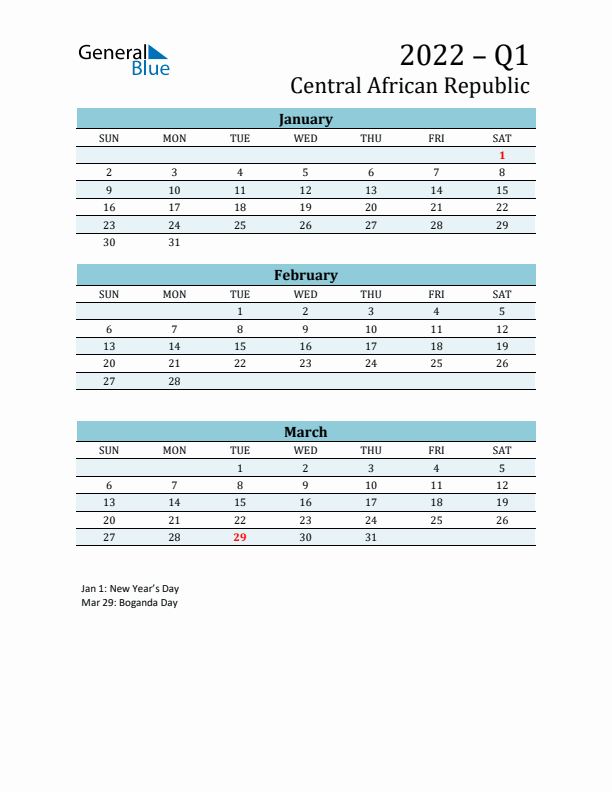 Three-Month Planner for Q1 2022 with Holidays - Central African Republic