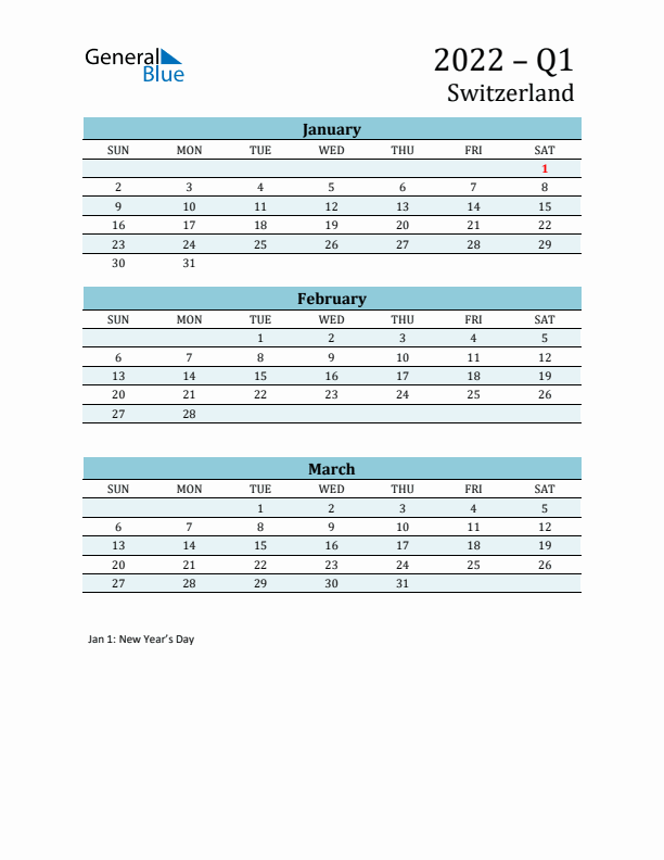 Three-Month Planner for Q1 2022 with Holidays - Switzerland