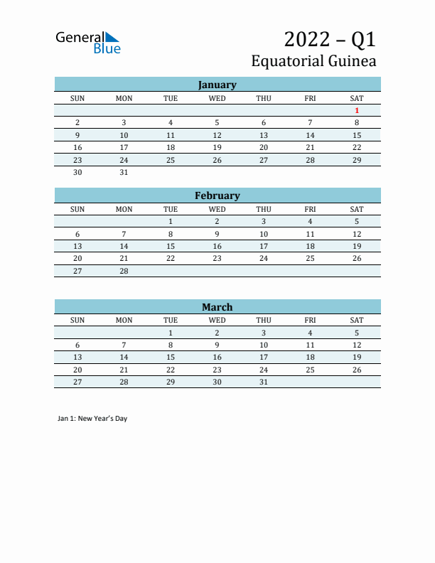 Three-Month Planner for Q1 2022 with Holidays - Equatorial Guinea