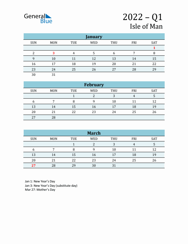 Three-Month Planner for Q1 2022 with Holidays - Isle of Man