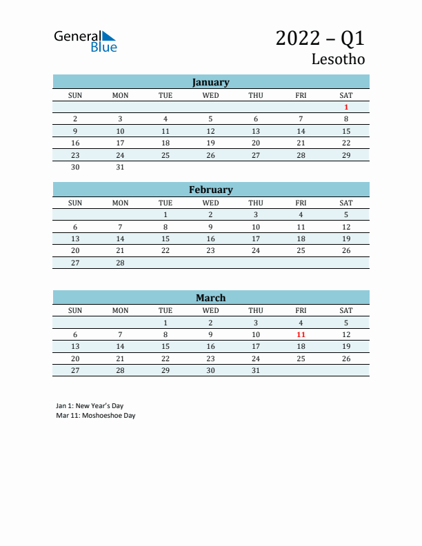 Three-Month Planner for Q1 2022 with Holidays - Lesotho