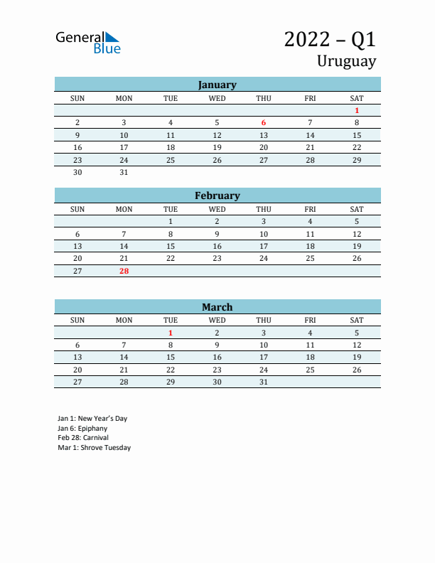 Three-Month Planner for Q1 2022 with Holidays - Uruguay