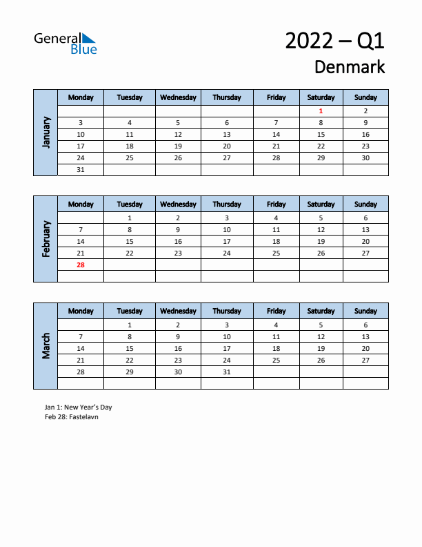 Free Q1 2022 Calendar for Denmark - Monday Start