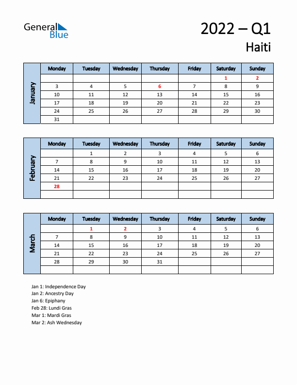 Free Q1 2022 Calendar for Haiti - Monday Start