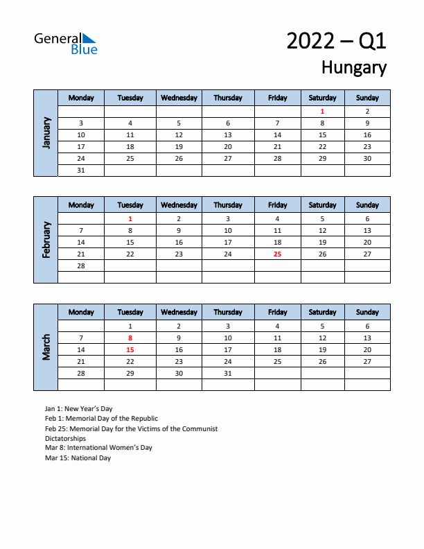 Free Q1 2022 Calendar for Hungary - Monday Start