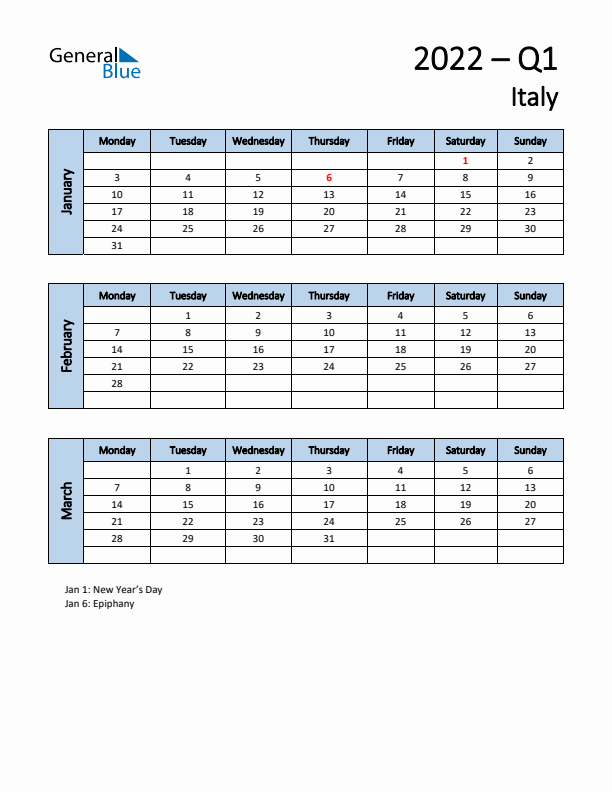 Free Q1 2022 Calendar for Italy - Monday Start