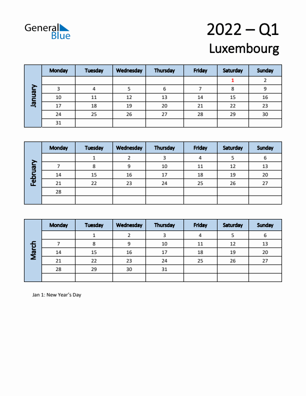 Free Q1 2022 Calendar for Luxembourg - Monday Start