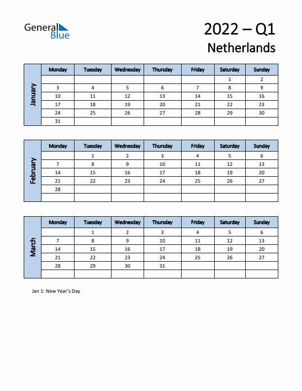 Free Q1 2022 Calendar for The Netherlands - Monday Start