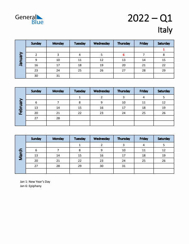 Free Q1 2022 Calendar for Italy - Sunday Start