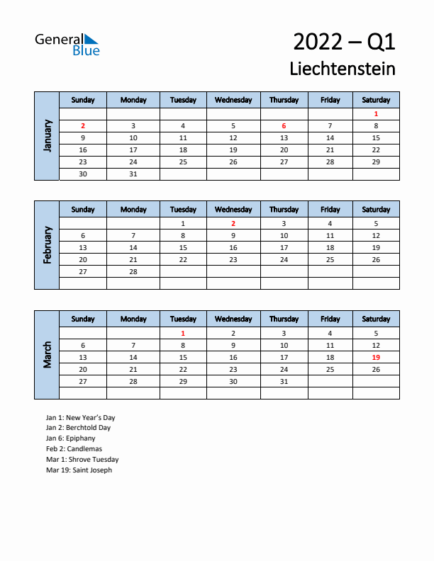 Free Q1 2022 Calendar for Liechtenstein - Sunday Start