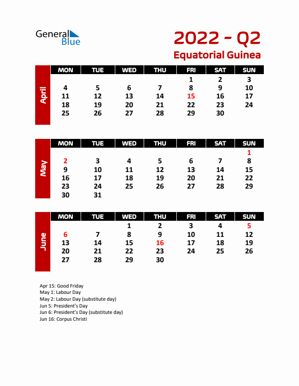 Q2 2022 Calendar with Holidays in Equatorial Guinea