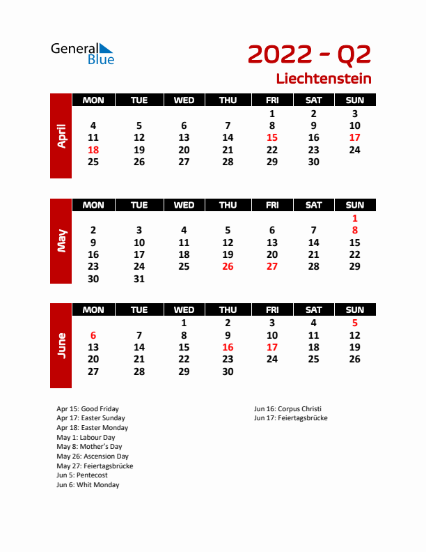 Q2 2022 Calendar with Holidays in Liechtenstein