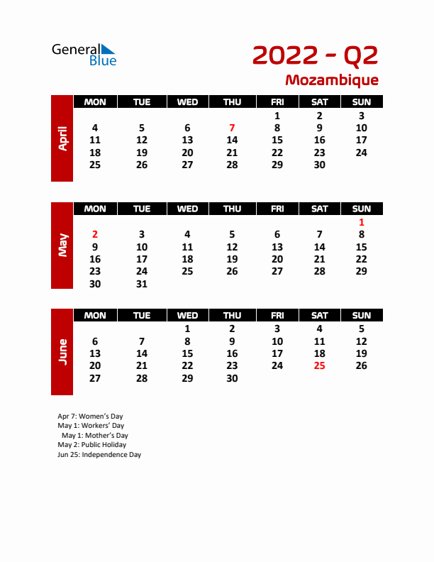 Q2 2022 Calendar with Holidays in Mozambique