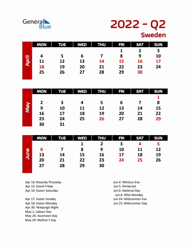 Q2 2022 Calendar with Holidays in Sweden