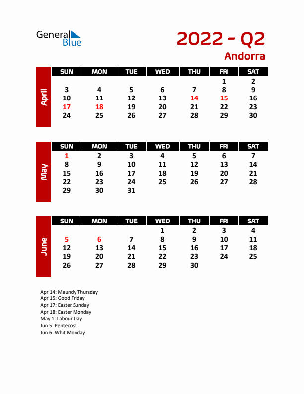 Q2 2022 Calendar with Holidays in Andorra