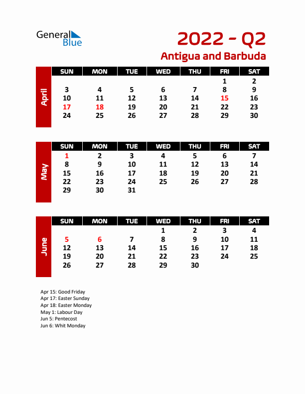 Q2 2022 Calendar with Holidays in Antigua and Barbuda