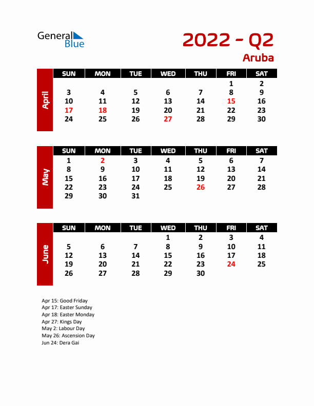 Q2 2022 Calendar with Holidays in Aruba