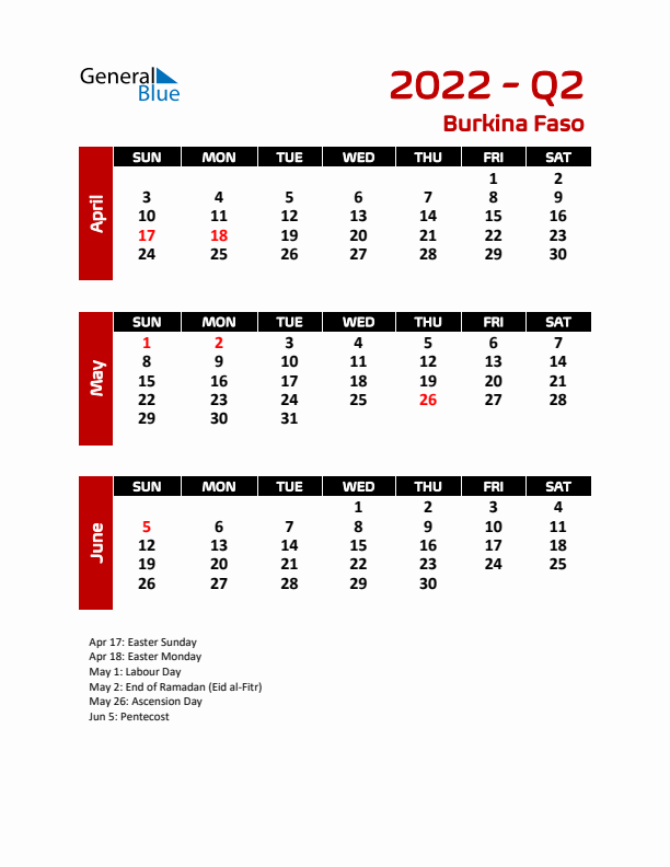 Q2 2022 Calendar with Holidays in Burkina Faso