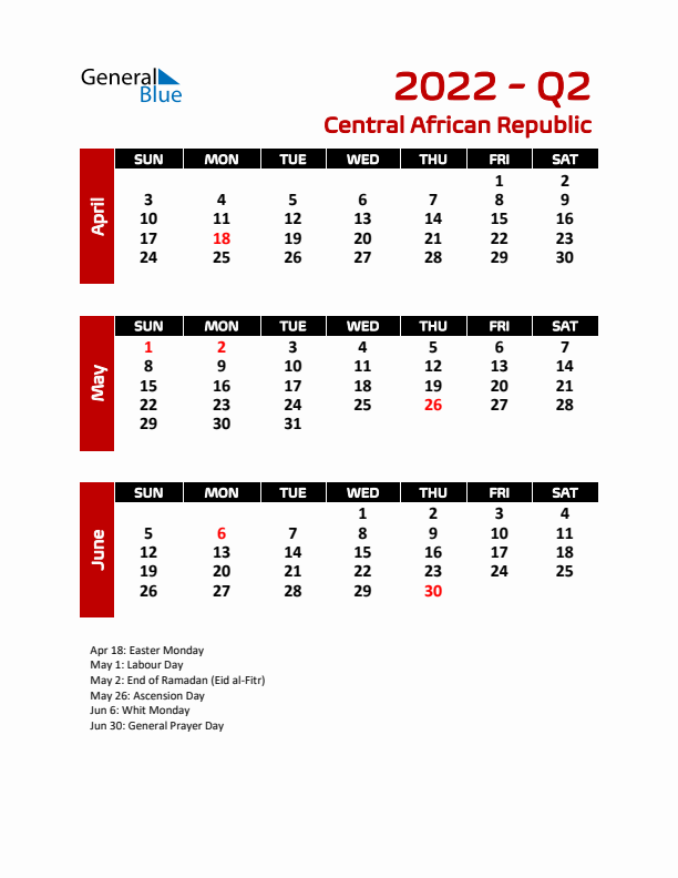 Q2 2022 Calendar with Holidays in Central African Republic