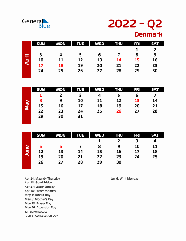 Q2 2022 Calendar with Holidays in Denmark