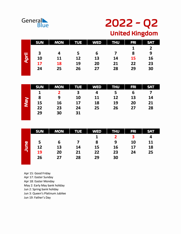 Q2 2022 Calendar with Holidays in United Kingdom