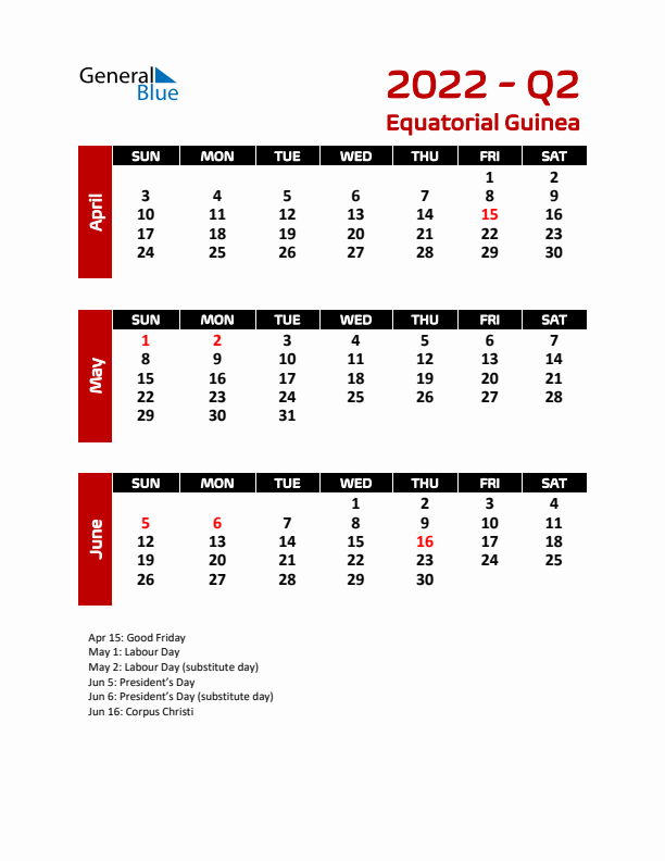 Q2 2022 Calendar with Holidays in Equatorial Guinea