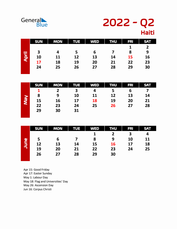 Q2 2022 Calendar with Holidays in Haiti