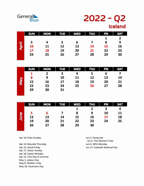 Q2 2022 Calendar with Holidays in Iceland