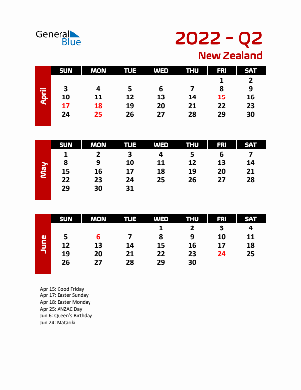 Q2 2022 Calendar with Holidays in New Zealand