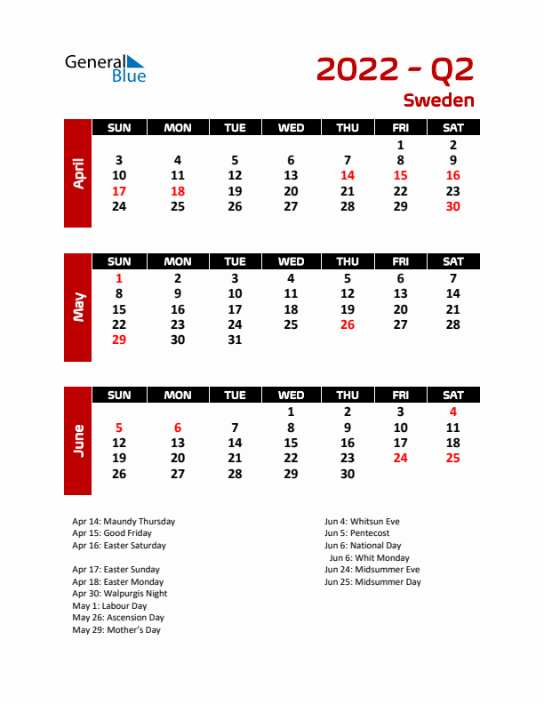 Q2 2022 Calendar with Holidays in Sweden