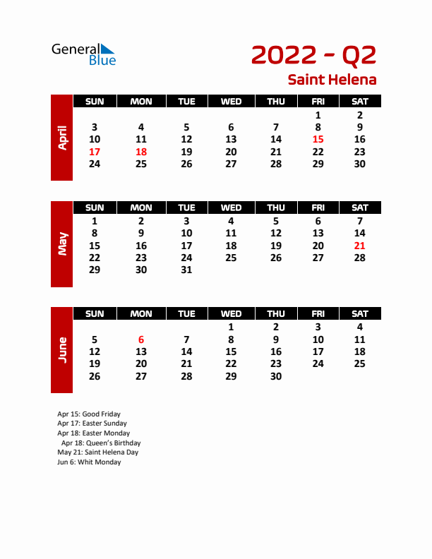 Q2 2022 Calendar with Holidays in Saint Helena